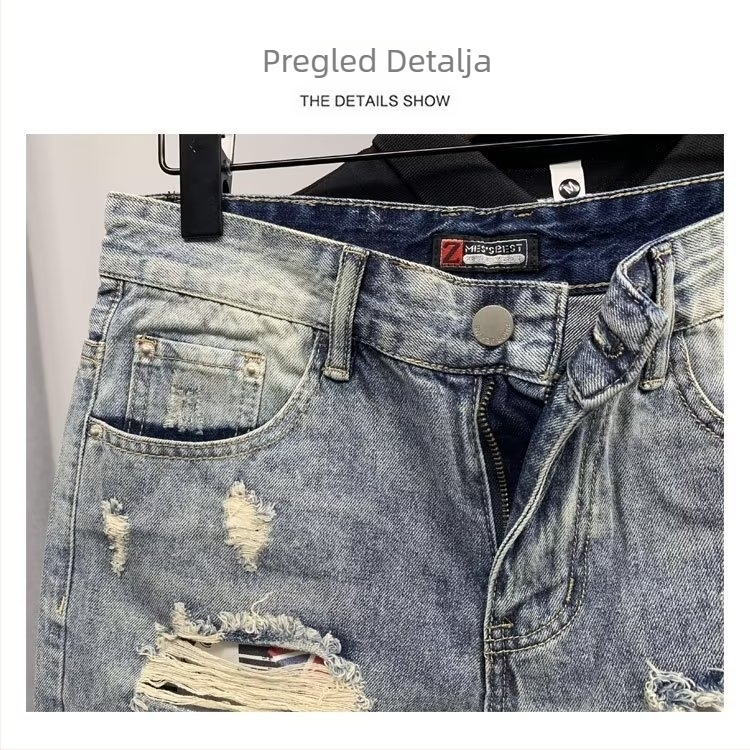 Džins šorc s rupama, lagani pamuk-denim, ravni kroj, srednja duljina, ljeto 2024