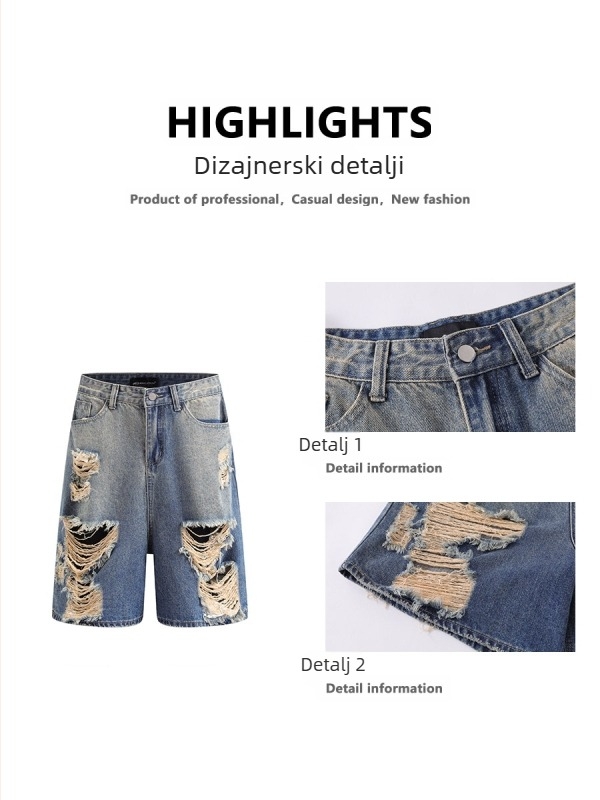 Capri hlače, hip-hop poderani denim, slobodan ravni kroj, pranje vodom, zatvarač