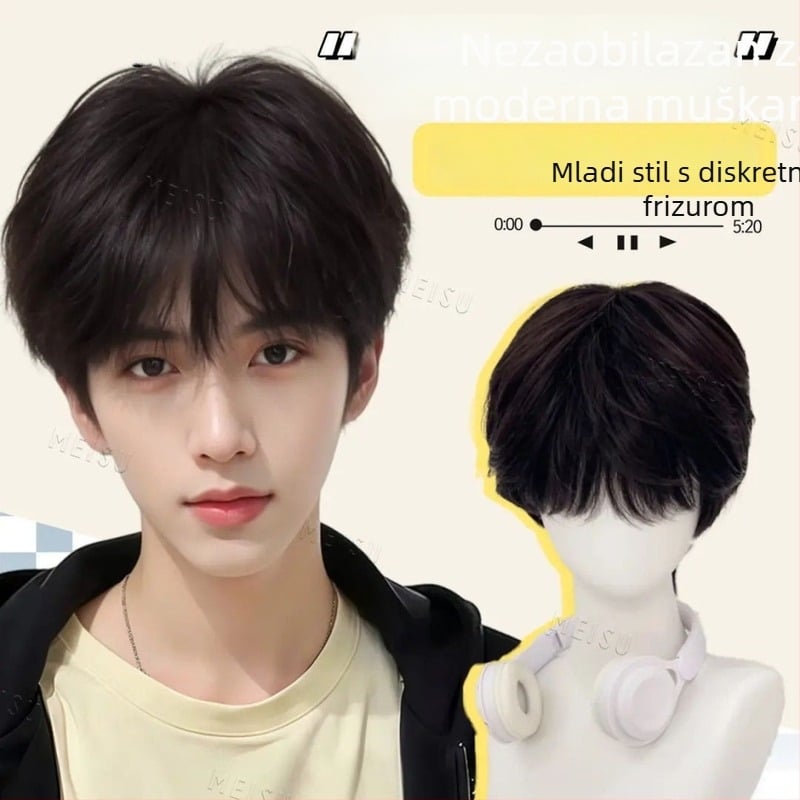 Muška perika, vlasi od visokotemperaturne svile, ravne šiške, mehanička tehnologija, nije moguće bojiti ili perm