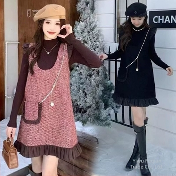 Dvodijelni set za trudnoće: haljina s stražnjim remenima, prozračna pamučna tkanina, dugi rukavi, japansko-korejski casual stil
