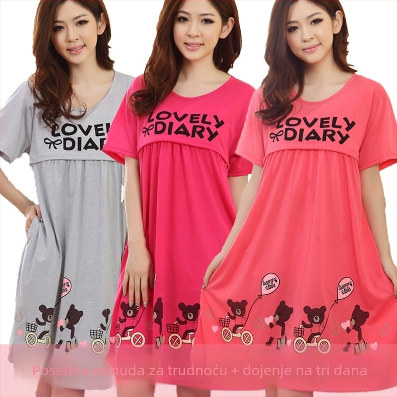 Trudničko i dojenje haljina, 100% pamuk, okrugli izrez, kratki rukavi, midi duljina, princes kroj, crtani uzorak