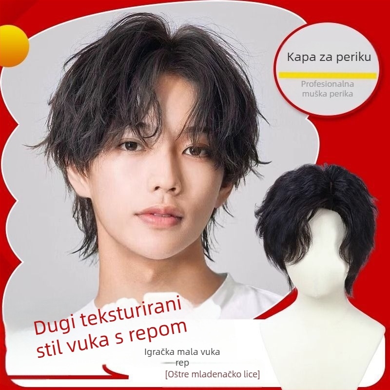 Muška perika od prirodne kose, mullet stil, potpuna kapa, ručno tkana, kratka duljina