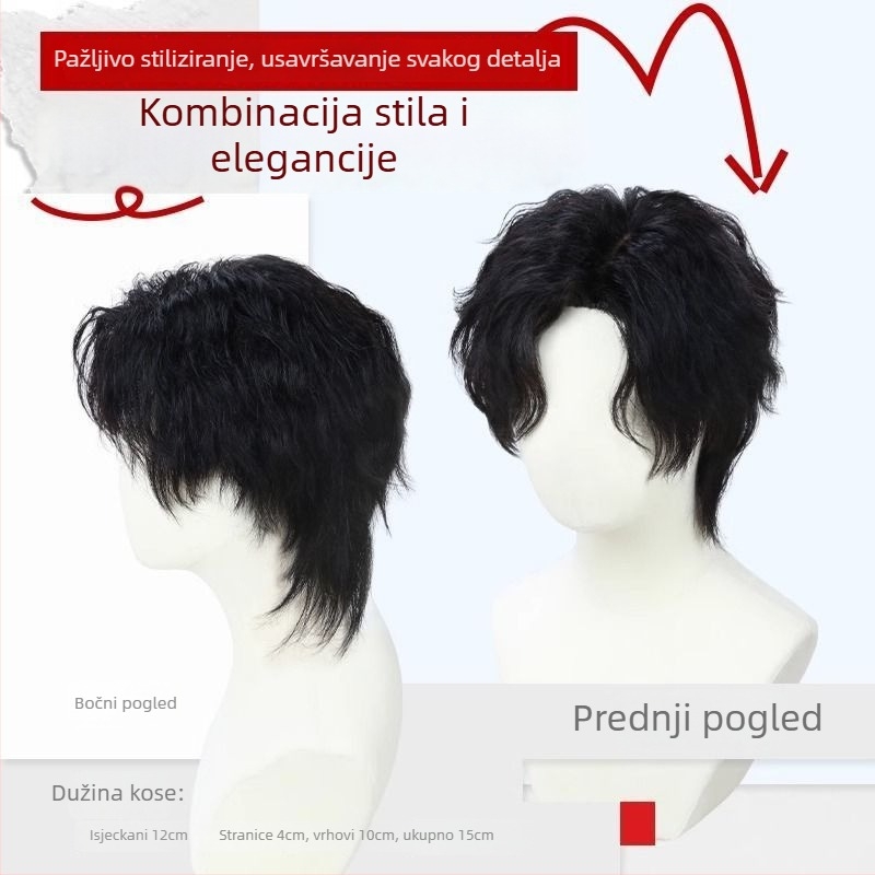 Muška perika od prirodne kose, mullet stil, potpuna kapa, ručno tkana, kratka duljina