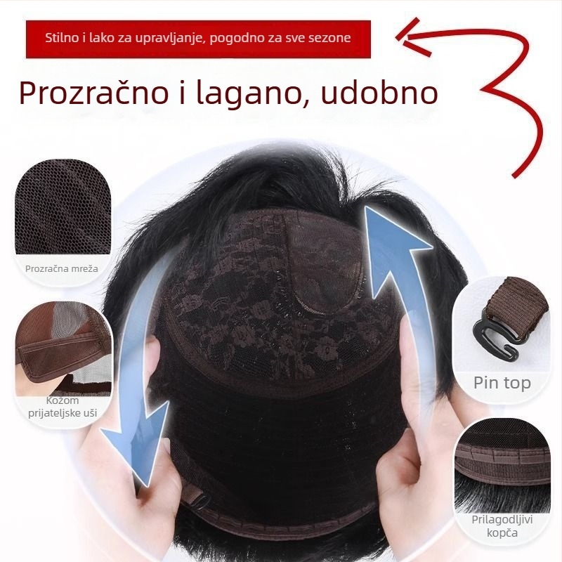 Muška perika od prirodne kose, mullet stil, potpuna kapa, ručno tkana, kratka duljina
