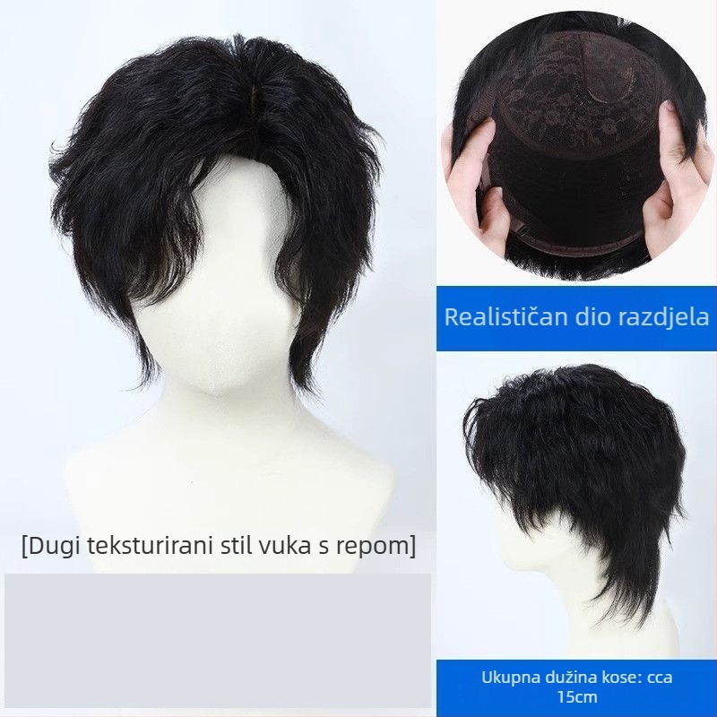 Muška perika od prirodne kose, mullet stil, potpuna kapa, ručno tkana, kratka duljina