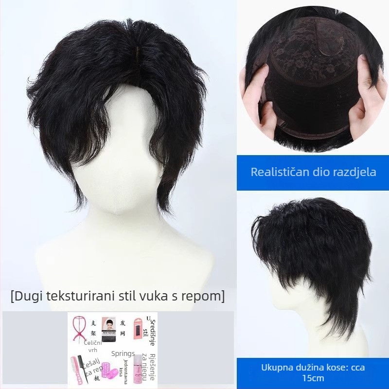 Muška perika od prirodne kose, mullet stil, potpuna kapa, ručno tkana, kratka duljina
