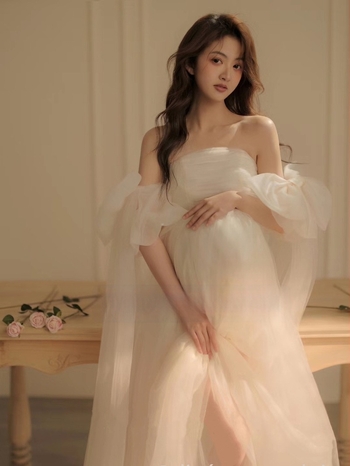 Trudnička haljina za studijsku fotografiju: bez ovratnika, balon rukavima, mrežasta tkanina, dugačka haljina u stilu princeze