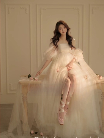 Trudnička haljina za studijsku fotografiju: bez ovratnika, balon rukavima, mrežasta tkanina, dugačka haljina u stilu princeze