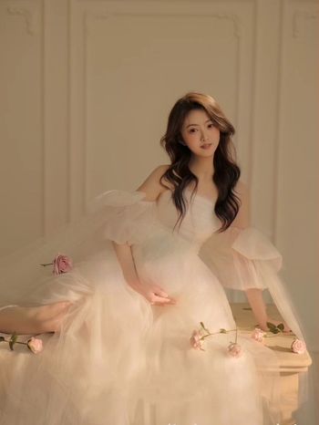 Trudnička haljina za studijsku fotografiju: bez ovratnika, balon rukavima, mrežasta tkanina, dugačka haljina u stilu princeze