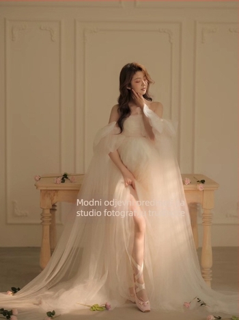 Trudnička haljina za studijsku fotografiju: bez ovratnika, balon rukavima, mrežasta tkanina, dugačka haljina u stilu princeze