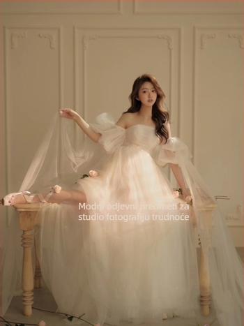 Trudnička haljina za studijsku fotografiju: bez ovratnika, balon rukavima, mrežasta tkanina, dugačka haljina u stilu princeze