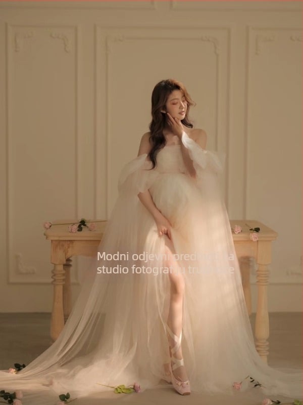 Trudnička haljina za studijsku fotografiju: bez ovratnika, balon rukavima, mrežasta tkanina, dugačka haljina u stilu princeze