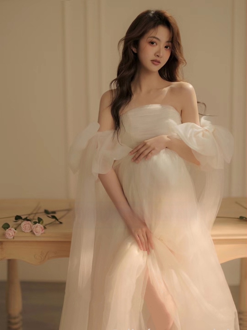 Trudnička haljina za studijsku fotografiju: bez ovratnika, balon rukavima, mrežasta tkanina, dugačka haljina u stilu princeze