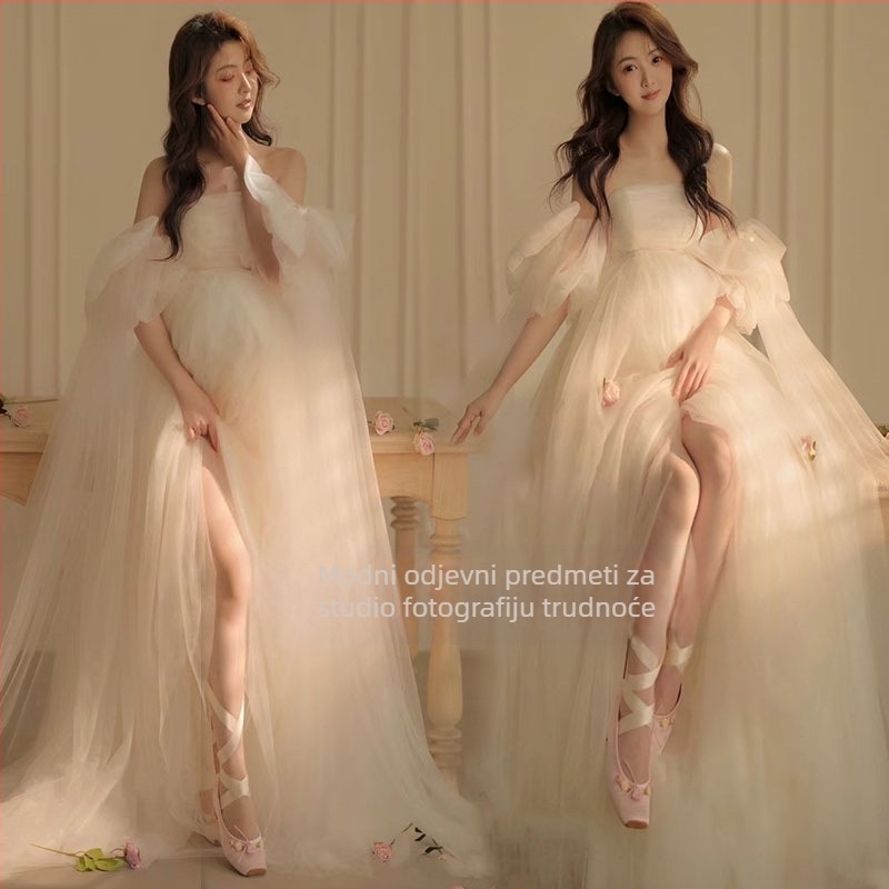 Trudnička haljina za studijsku fotografiju: bez ovratnika, balon rukavima, mrežasta tkanina, dugačka haljina u stilu princeze