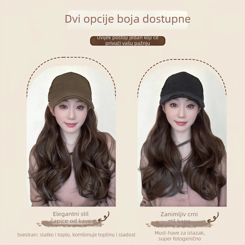 Perika za baseball kapu s odvojivim jedinstvenim dizajnom, dugačka kovrčava kosa s bangs, vlakno otporno na toplinu, za dame