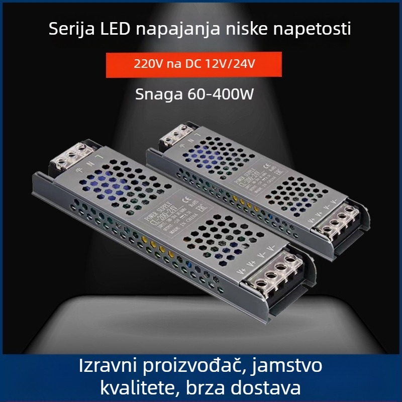 LED napajanje s konstantnim naponom, ulaz 220V AC, izlaz 12–24V DC, do 16,6A, 400W, zaštita: preopterećenje, kratki spoj, pretjerano napajanje, pregrijavanje, pretjeran tok