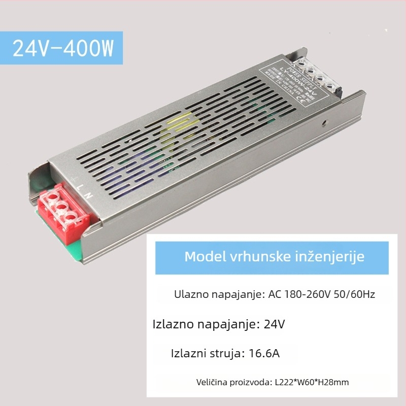 LED napajanje s konstantnim naponom, ulaz 220V AC, izlaz 12–24V DC, do 16,6A, 400W, zaštita: preopterećenje, kratki spoj, pretjerano napajanje, pregrijavanje, pretjeran tok