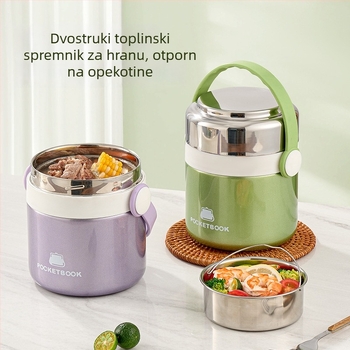Izolirana kutija za obrok od 304 nehrđajućeg čelika, dvostruki sloj, s dvije pregrade, velik kapacitet, uključuje pribor