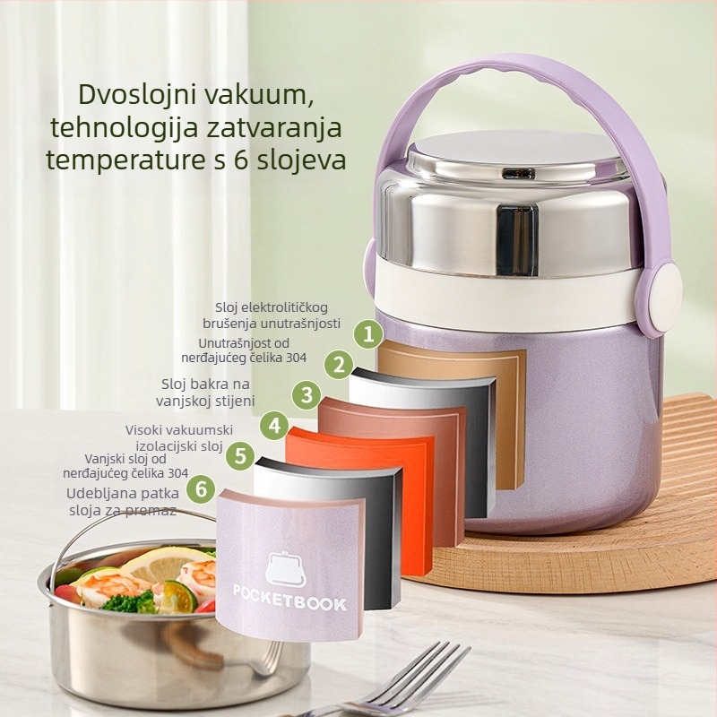 Izolirana kutija za obrok od 304 nehrđajućeg čelika, dvostruki sloj, s dvije pregrade, velik kapacitet, uključuje pribor