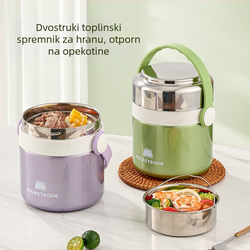 Izolirana kutija za obrok od 304 nehrđajućeg čelika, dvostruki sloj, s dvije pregrade, velik kapacitet, uključuje pribor