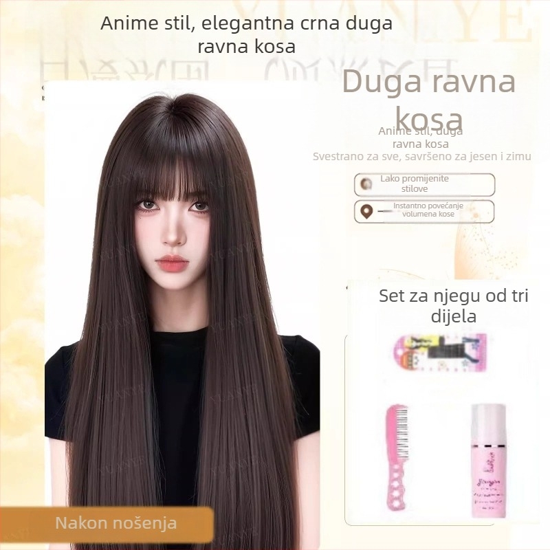 Perika s dugom ravnom kosom i ravnom šiškom – Visokotemperaturna svila, mehanička izrada, model P255, povećava volumen kose