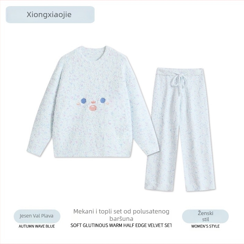 Ženski set pidžame od koral plushi flisa, poliester baza, debljina 251–300 g/m2, okrugli izrez, hlače