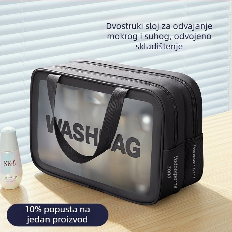 Torba za kozmetiku s odjelom za mokro i suho, vodootporna, velika kapaciteta, kockastog oblika, PU+PVC materijal