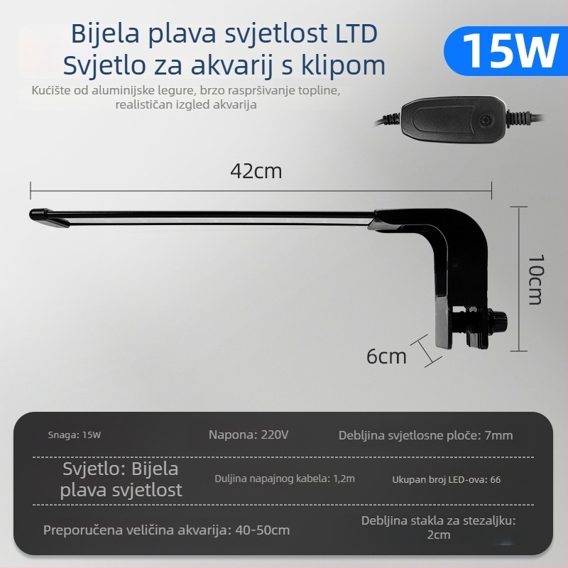 LED akvarijsko klips svjetlo – vodootporno, potpuno spektrum za Betta ribu i vodene biljke, kućište od aluminijske legure