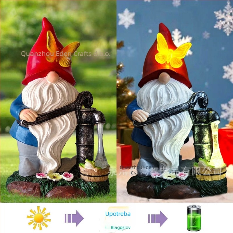 Vrtna gnomska statua sa solarnim noćnim svjetlom – smola, Eden, američki seoski stil