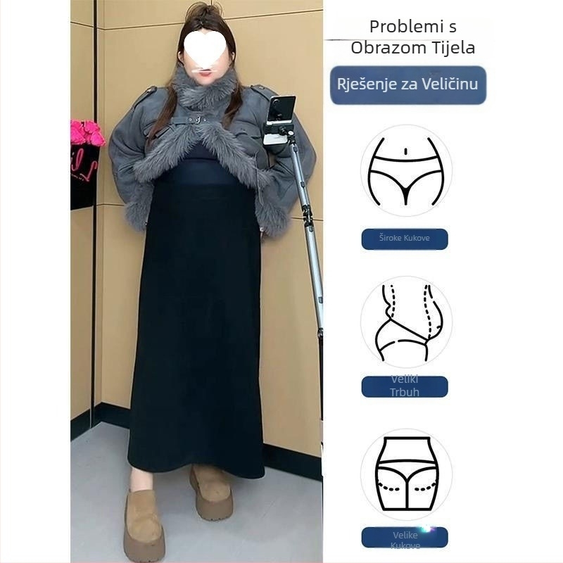 Duga A-linijska suknja za visoke osobe, sa šlicem, corduroy tkanina, vuneno-poliesterska mješavina, elastičan pojas, bez glačanja, jesen 2025