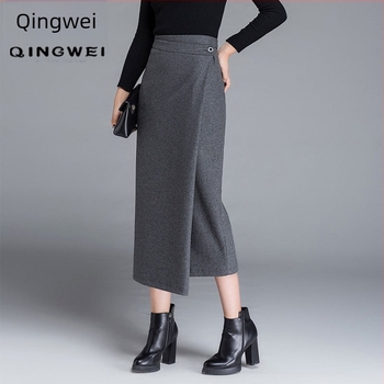 Suknja od vunenog materijala, nepravilni rub, srednja duljina, korejski stil, uski kroj