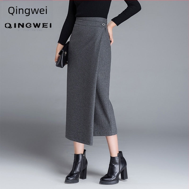 Suknja od vunenog materijala, nepravilni rub, srednja duljina, korejski stil, uski kroj