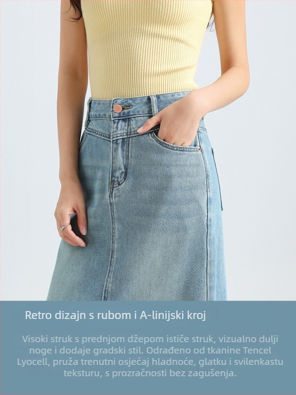 A-linija denimska suknja, visoki pojas, stražnji rez, srednja duljina, pamuk-Lyocell smjesa (70–80% pamuka, Lyocell <30%)