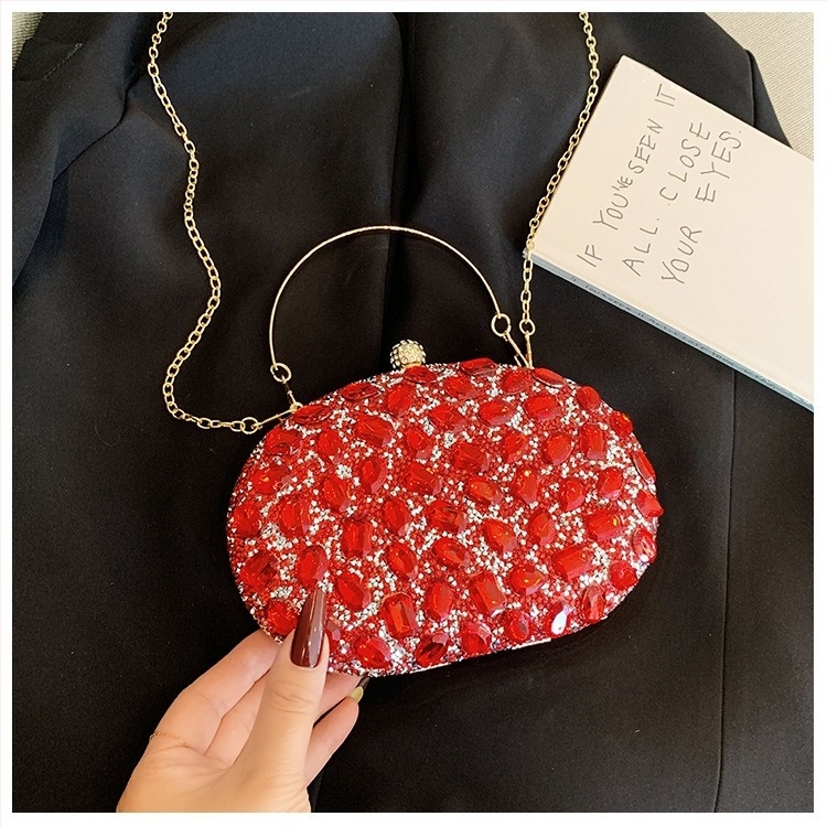 Diamantom ukrašena večernja clutch torba, akrilno tijelo, ovalni oblik, zatvarač, džep za telefon