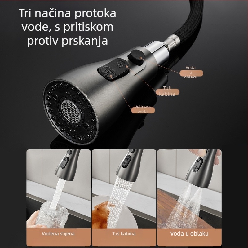 Izvlačni kuhinjski slavine s mesinganim tijelom, keramički uložak, 1/2" ulaz/izlaz, promjer sjedišta ventila 3,5 mm, teleskopna mlaznica