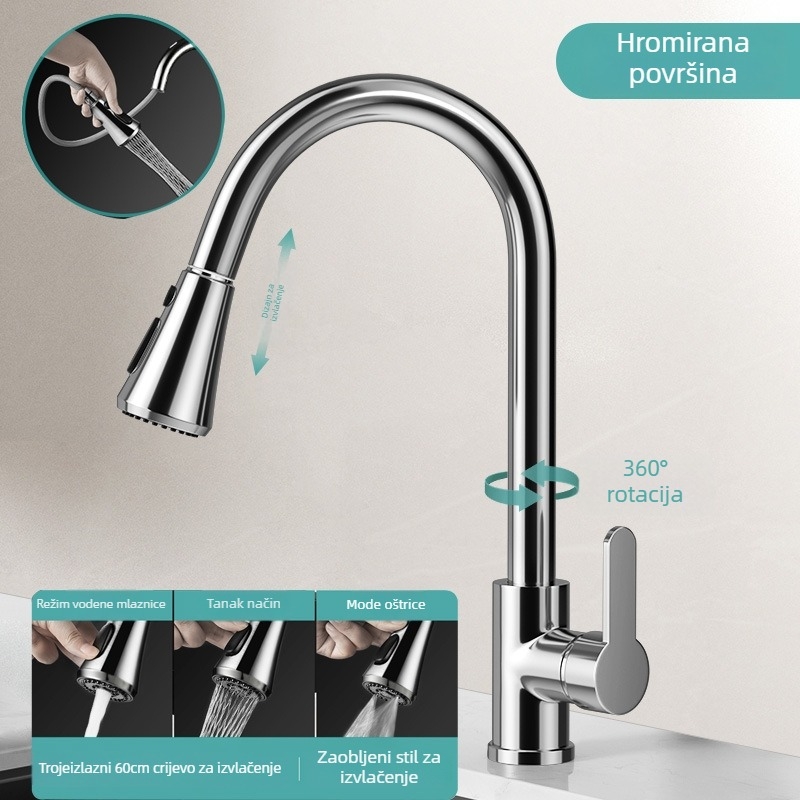 Izvlačni kuhinjski slavine s mesinganim tijelom, keramički uložak, 1/2" ulaz/izlaz, promjer sjedišta ventila 3,5 mm, teleskopna mlaznica