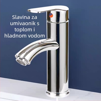 Slavina za umivaonik u kupaoni s toplom i hladnom vodom, od nehrđajućeg čelika 304, keramički disk ventil, podizni mehanizam, montaža na jedan otvor