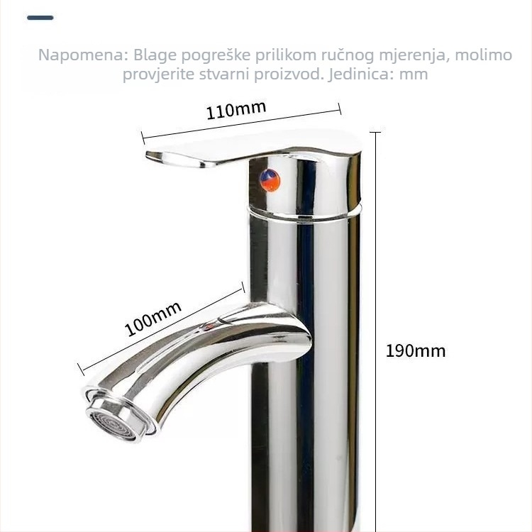 Slavina za umivaonik u kupaoni s toplom i hladnom vodom, od nehrđajućeg čelika 304, keramički disk ventil, podizni mehanizam, montaža na jedan otvor