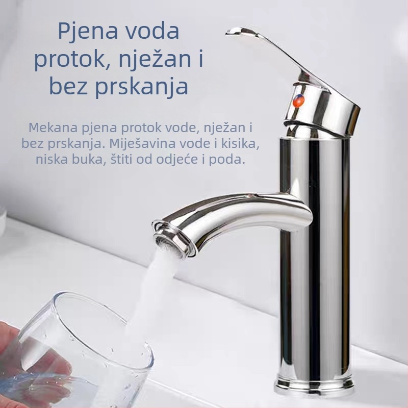 Slavina za umivaonik u kupaoni s toplom i hladnom vodom, od nehrđajućeg čelika 304, keramički disk ventil, podizni mehanizam, montaža na jedan otvor