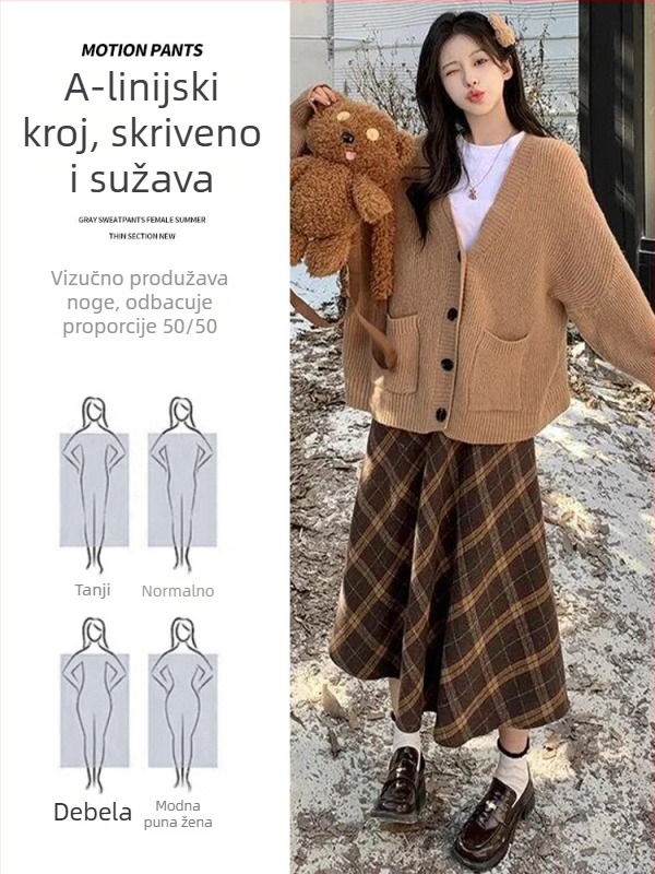 Kockasta vunena suknja kišobran stila, visoki pojas, srednja duljina