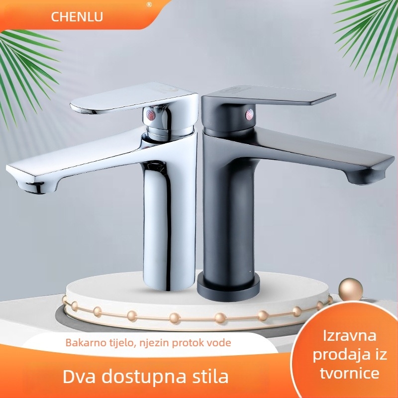 Miješalica za umivaonik s toplom i hladnom vodom – mesing tijelo, keramički kartušni ventil, miješanje, montaža na ploču, 0–60°C radna temperatura