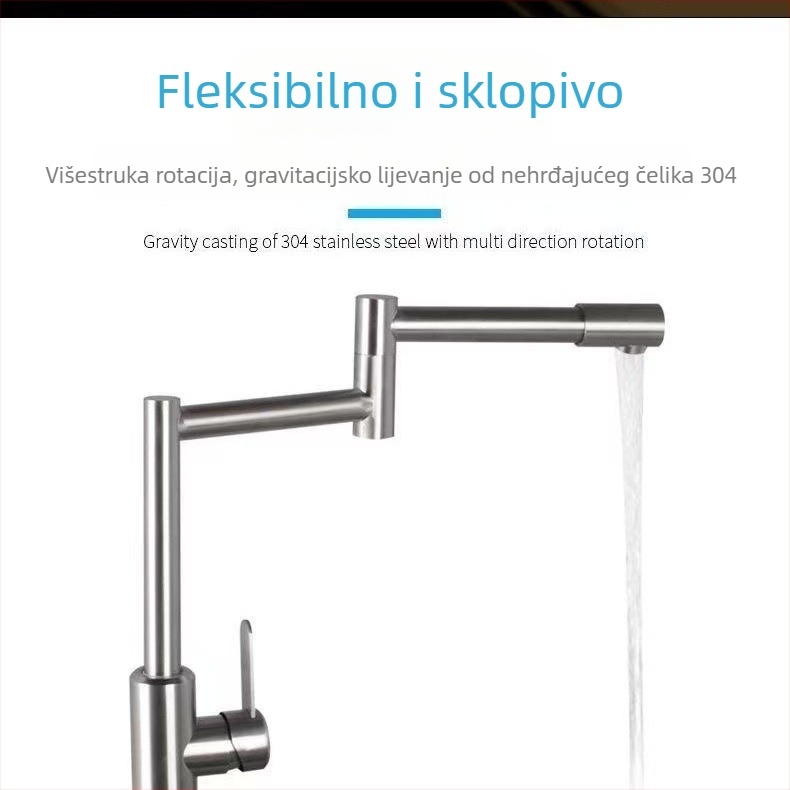 Kuhinjska slavina od nehrđajućeg čelika sa sklopnim i okretljivim izljevom, keramički disk ventil, hladna voda