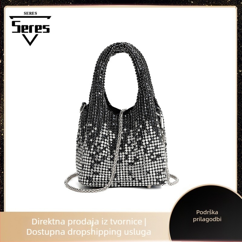 Siris ženska torba tipa kanta s rhinestones, poliester podstava, jednostruki ramenski remen