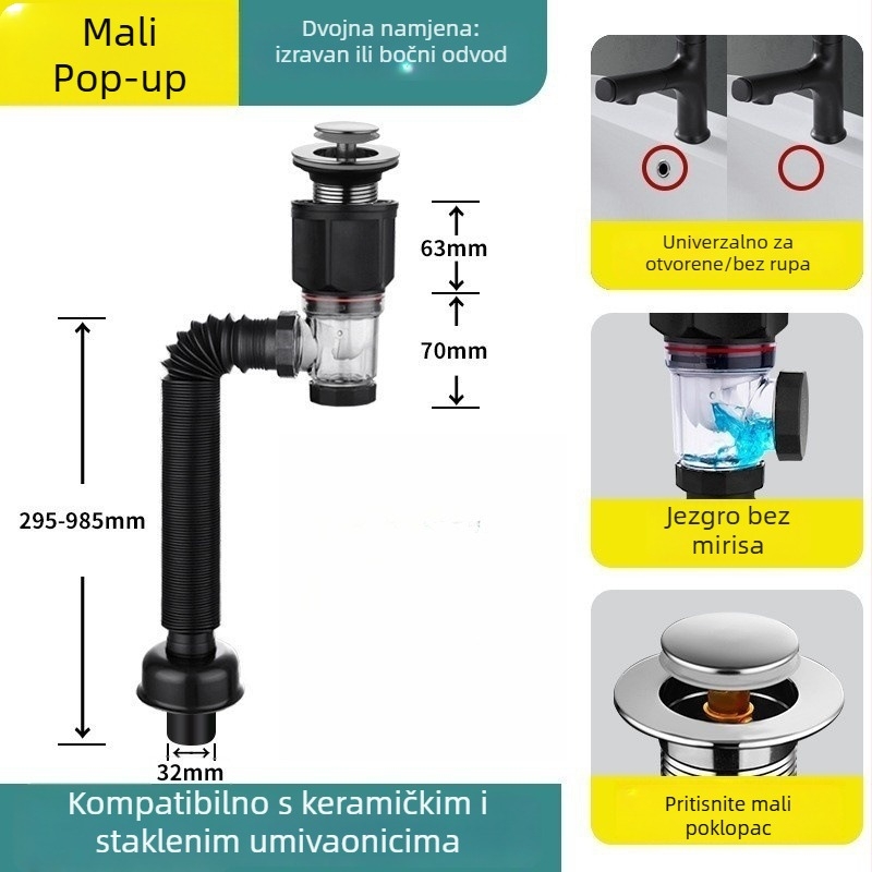 Odvod umivaonika – teleskopski povlačni odvod, ABS, model 3161, oblik 6+526+2959, tip 846, moderni minimalistički stil
