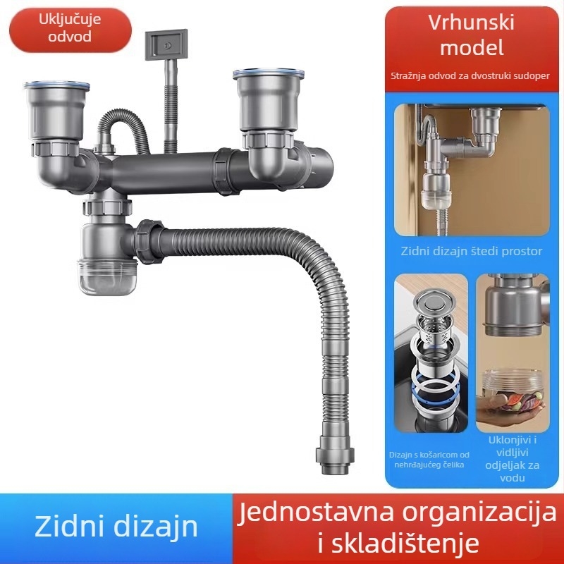Set odvoda za kuhinjski sudoper s dvostrukim koritom | ABS materijal | Model 042 | dvostruki glava dizajn | univerzalno korištenje | protiv mirisa