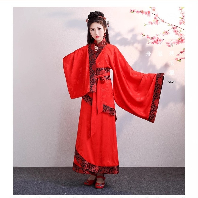 Hanfu plesna haljina s širokim rukavima i zakrivljenim rubom, poliester tkanina, jacquard uzorak