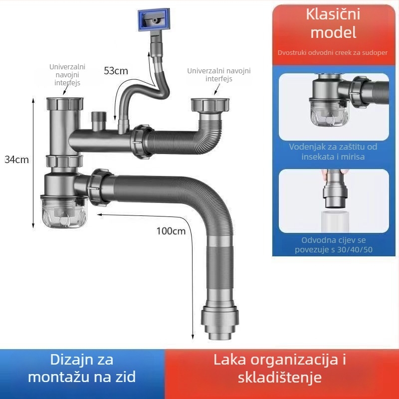 Set odvoda kuhinjskog sudopera za pranje povrća, dvostruka glava, vučni tip, materijal PP, model Povrće sudoper, šifra Double Head 03