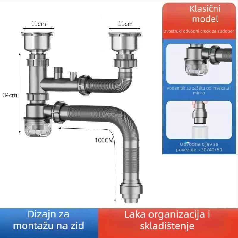 Set odvoda kuhinjskog sudopera za pranje povrća, dvostruka glava, vučni tip, materijal PP, model Povrće sudoper, šifra Double Head 03