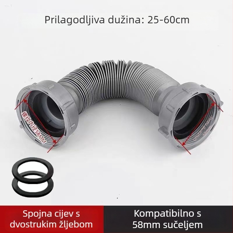 Komplet odvodnje za kuhinjski sudoper s produženjem, protiv mirisa, spojno crijevo s dvostrukom glavom – nehrđajući čelik, CE potvrda