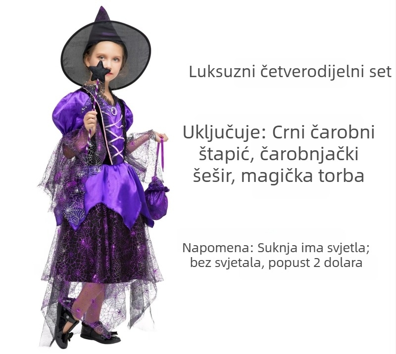 Halloween kostim za djevojčice: haljina vještice za igru i cosplay, mrežasta tkanina, poliester i acetat, za djecu do 17 godina